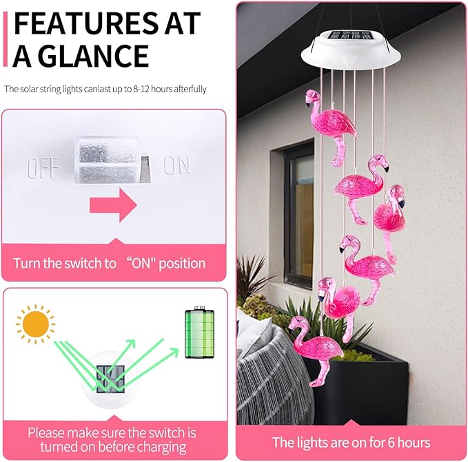 Solar Flamingo Flamingo Wind Chimes, Birthday Gifts for Mom Grandma Dad, IP65 Waterproof Memorial with 7 Color Changing LED Lights, Outdoor Decor Garden Yard Decorations