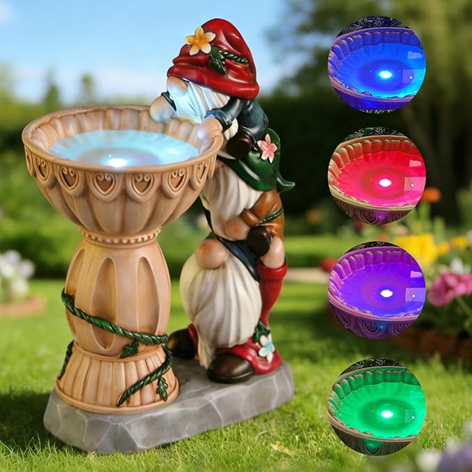 Garden Gnomes Outdoor Gnomes Garden Decorations for Yard Colorful Lights Resin Solar Outdoor Statues with Bird Bath Feeder Outside Lawn Patio Housewarming Gifts 6.25 * 4.25 * 9.25 Inch