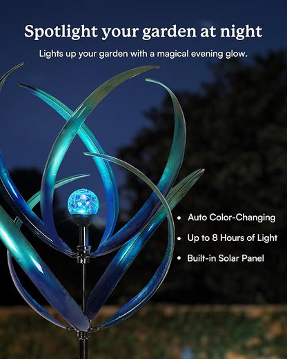 82 inch Wind Spinners Outdoor - Extra Large Outdoor Metal Wind Sculptures Spinners with Solar Light, Windmills for The Yard Garden, Yard Art Garden Lawn Decor - Peacock Blue