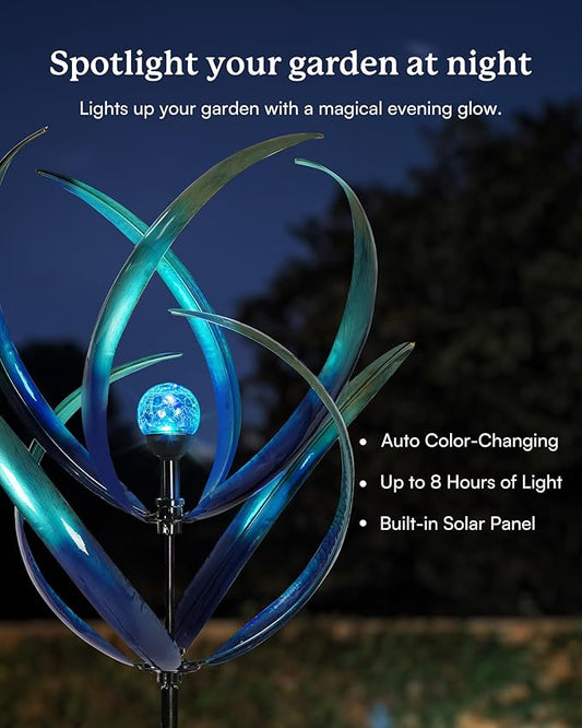 82 inch Wind Spinners Outdoor - Extra Large Outdoor Metal Wind Sculptures Spinners with Solar Light, Windmills for The Yard Garden, Yard Art Garden Lawn Decor - Peacock Blue