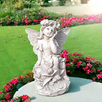 12.8" Outdoor Angel Fairy Statue for Garden – Resin Fairy Figurine, Weather-Resistant Yard Art Decor, Garden Angel Sculpture, Patio Lawn Ornament, Gift for Mom, Grandma, White Finish
