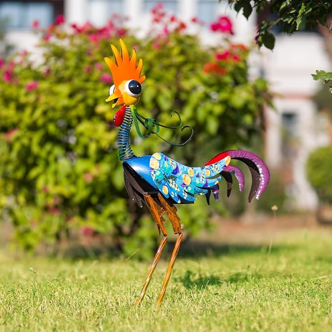 Metal Wacky Rooster Garden Statues Outdoor Decor, 23'' Rooster Decor Chicken Yard Sculptures Art Decoration for Home Outsiede Patio Lawn Backyard, Gift for Women Lovers Moms(Blue)