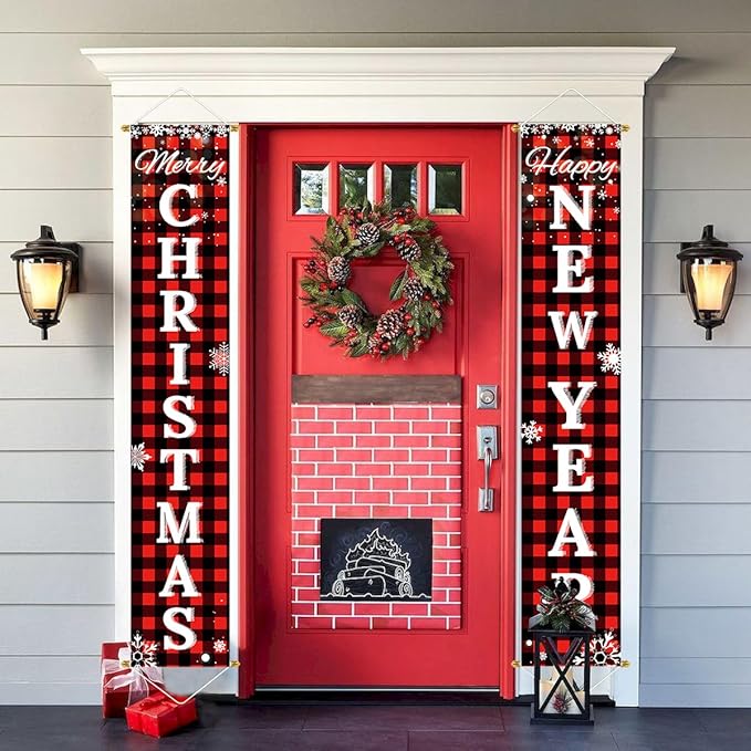 Ivenf Merry Christmas & Happy New Year Decorations, Red Black Buffalo Plaid Banner, 2 Pcs Front Porch Sign Set, Indoor Outdoor Yard Wall Home Decor