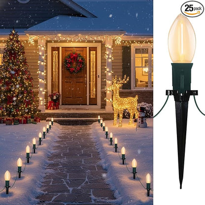 C9 LED Christmas Pathway Lights, 38FT Outdoor Warm White Pathway Markers Lights with 25 Stakes, Connectable Waterproof Outside Christmas Decorations for Xmas Party Decor Patio Yard Lawn, Garden