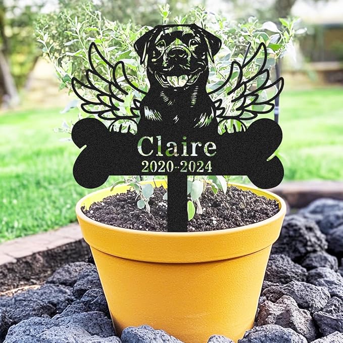 Personalized Rottweiler Dog Memorial Grave Marker Outdoor, Custom Metal Dog Grave Marker with Name & Year, Customized Pet Memorial Gifts for Loss of Dogs Rottweiler Burial Marker with Wings