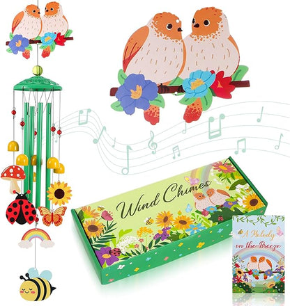 Green Hummingbird Wind Chimes for Outside Holiday Decor with Rainbow,Butterfly,Bee,Ladybug and Gift Box Metal Wind Chime for Porch Garden Patio