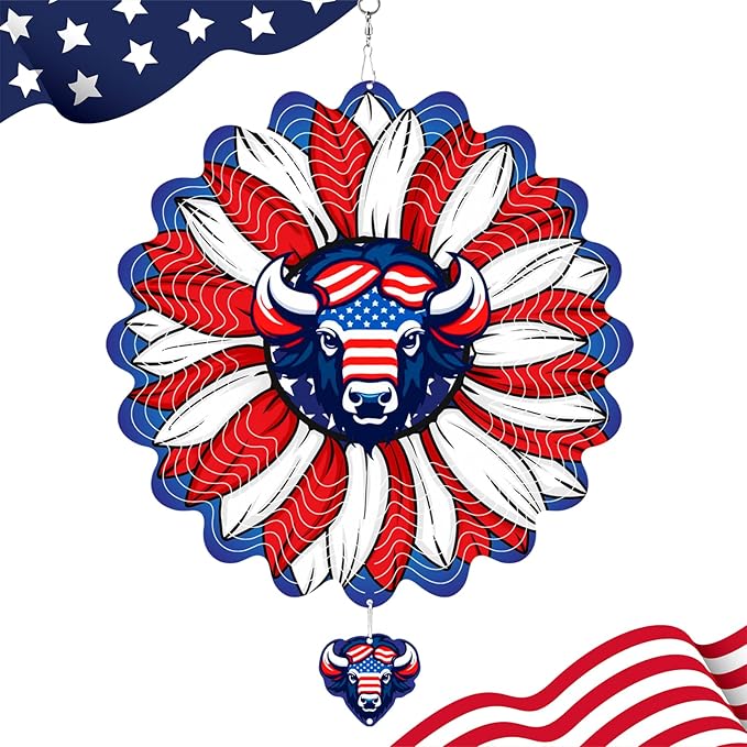Sunflower American Flag Cow Patriotic Wind Spinners Outdoor for Yard and Garden,12 Inch 3D Stainless Steel Metal Hanging Kinetic Wind Sculpture, Independence Day Decor Indoor Art