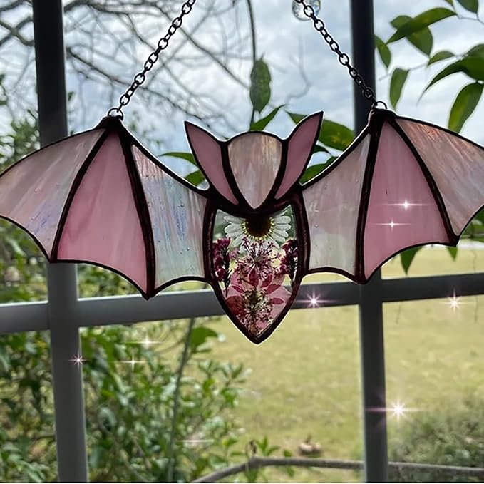 Colorful Acrylic Bat Decoration Window Hanging Suncatcher, Stunning Hanging Window Panels for Halloween Decoration, Acrylic Window Wall Art Decor for Living Room, Home, Office, Kitchen (Pink)
