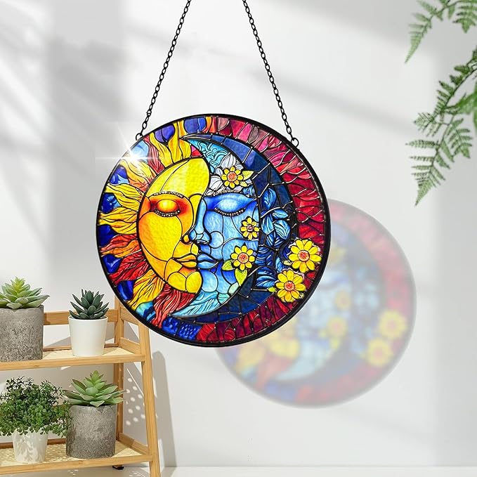 Stained Glass Moon and Sun Suncatcher with Hook and Chain, Handmade Window Hanging for Home and Garden, for Christmas, Party, Wedding, Birthday