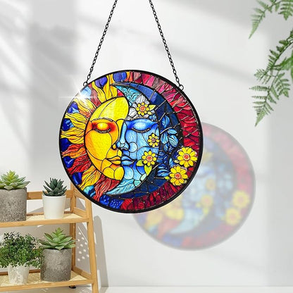 Stained Glass Moon and Sun Suncatcher with Hook and Chain, Handmade Window Hanging for Home and Garden, for Christmas, Party, Wedding, Birthday