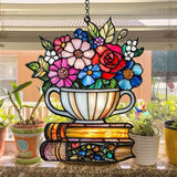 Floral Tea Cup and Books Acrylic Suncatcher Stained Glass Effect Window Car Hanging Christmas Ornament Indoor Outdoor Decor Garden Sun Catcher Panel for Book Lover for Women Mom Grandma