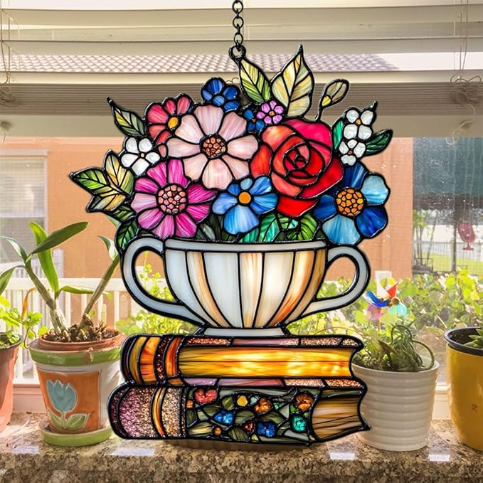 Floral Tea Cup and Books Acrylic Suncatcher Stained Glass Effect Window Car Hanging Christmas Ornament Indoor Outdoor Decor Garden Sun Catcher Panel for Book Lover for Women Mom Grandma