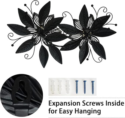 LIFFY Black Wall Decor,15" 3D Multi-layer Metal Flowers Wall Decor, Rustic Modern Floral Sculpture for Indoor Kitchen Bedroom Living Room Office Outdoor Garden Patio