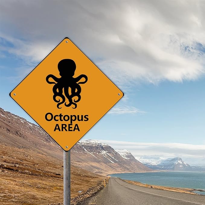 Caution Octopus Crossing XING Tin Sign Octopus Area Warning Street Sign Ocean Animal Novelty Caution Road Sign for Outdoor Home Driveway Garden Yard Park 15x15in