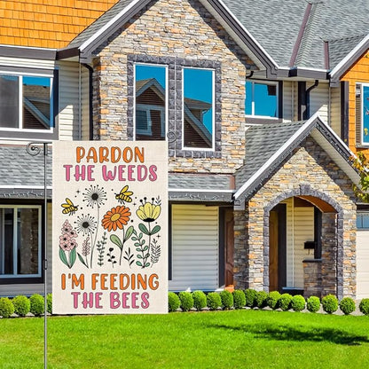 Perfectinsoy Pardon the Weeds I'm Feeding the Bees Garden Flag, No Mow Sign, Bee Keeper Yard Decor, Pollinator Garden Sign, Welcome Backyard Farmhouse Spring Outdoors Decor, Wildflower Bee Lover Gifts