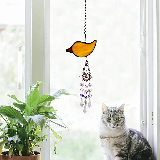 Handmade Cardinal Suncatcher with Sun Crystal Pendant, Stained Glass Window Hanging to Capture Rainbows, Meaningful Gift for Mom, Grandma, Garden Lovers-When Cardinals Appear