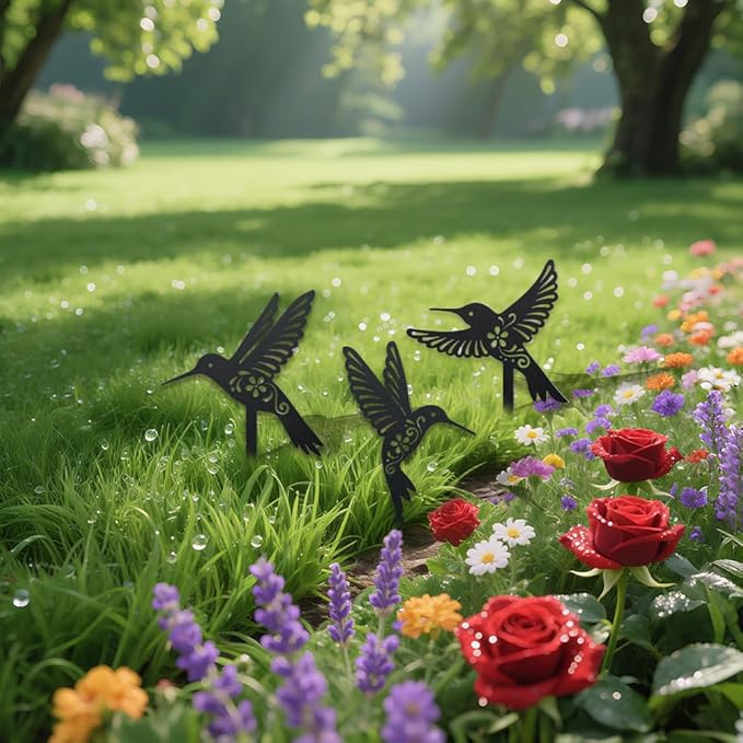 WADORN 3 Styles Hummingbirds Metal Decorative Garden Stakes, Funny Hummingbirds Flowers Metal Silhouette Statues Animal Garden Ornament Gifts Black Yard Art Decoration for Outdoor Backyard Patio Lawn