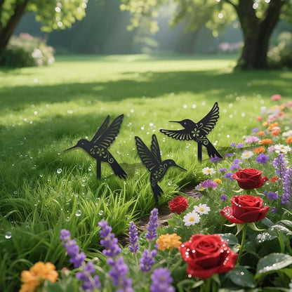 WADORN 3 Styles Hummingbirds Metal Decorative Garden Stakes, Funny Hummingbirds Flowers Metal Silhouette Statues Animal Garden Ornament Gifts Black Yard Art Decoration for Outdoor Backyard Patio Lawn