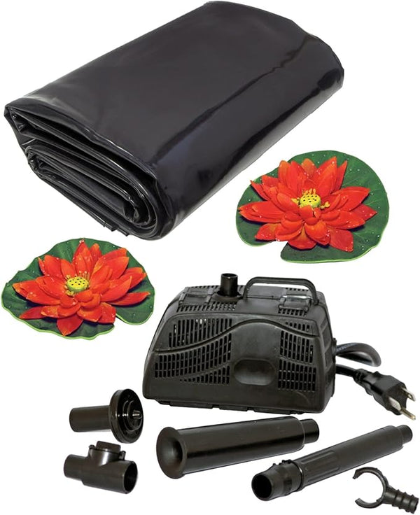 Koolscapes 84 Gallon Starter Pond Kit with 200 GPH Pump, Water Bell and Double Daisy Fountain Nozzles, 6 x 6 Ft Flexible Liner, Fish-Friendly Backyard Koi Pond Kit, Interchangeable Fountainheads