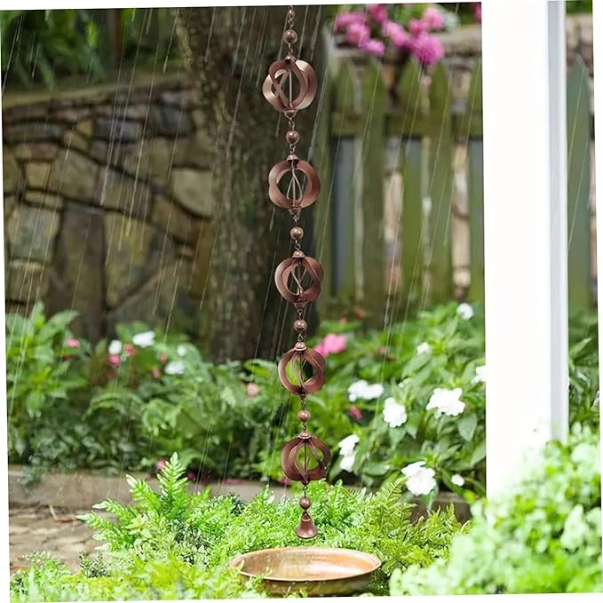 SamFansar 42.52 Inch Hanging Rain,Chain Rotating Fretwork Beads with Bell Rain Catcher for Gutters,Metal Drainage Rain Chain Pendant Downspout Tool for Outside, Decorative Your House and Garden Brown