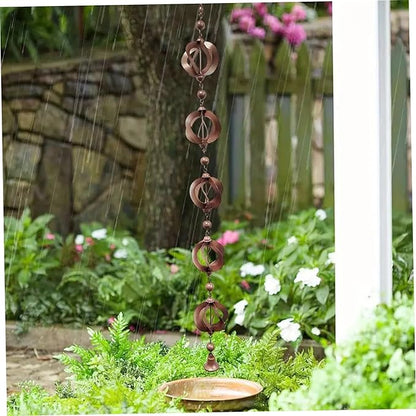 SamFansar 42.52 Inch Hanging Rain,Chain Rotating Fretwork Beads with Bell Rain Catcher for Gutters,Metal Drainage Rain Chain Pendant Downspout Tool for Outside, Decorative Your House and Garden Brown