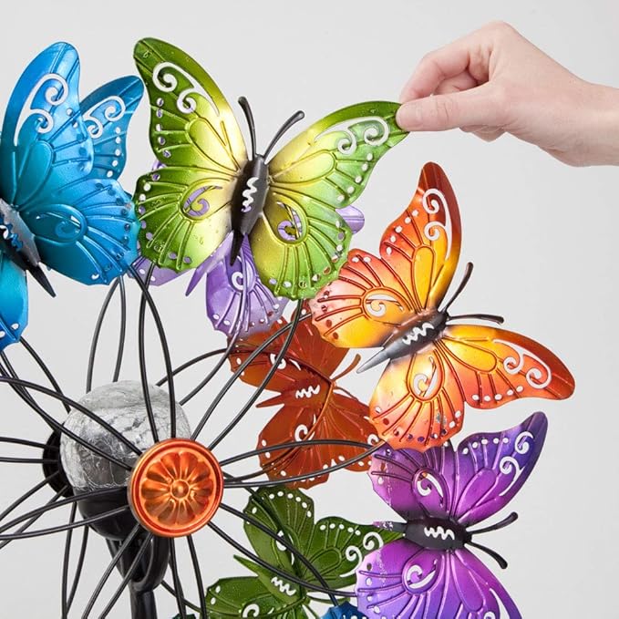 Bits and Pieces - LED Butterfly Solar Wind Spinner-Solar Powered Glass Ball Emits Color-Changing Light - Made of Metal and Steel