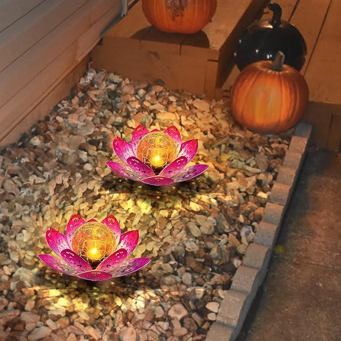 2 Pack Solar Lights Outdoor Garden 6.3 " Glass Lotus Lamp Waterproof LED Metal Flower Lights Outdoor Garden Table Decor for Outside Balcony, Patio, Deck, Porch, Walkway