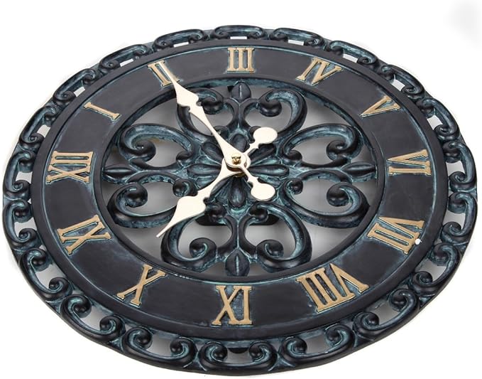 Lily's Home Hanging Verdigris Wall Clock, Ideal for Indoor or Outdoor Use, Makes a Great Housewarming Gift, Black (13.5 Inches)