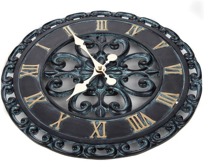 Lily's Home Hanging Verdigris Wall Clock, Ideal for Indoor or Outdoor Use, Makes a Great Housewarming Gift, Black (13.5 Inches)