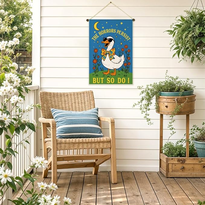 The Horrors Persist But So Do I Garden Flag Double Sided Yard Outdoor Decoration 12x18 Inch, Mental Health Yard Decoration Garden Flag, Dark Humor Sarcastic Rustic Spring Porch Home Decor