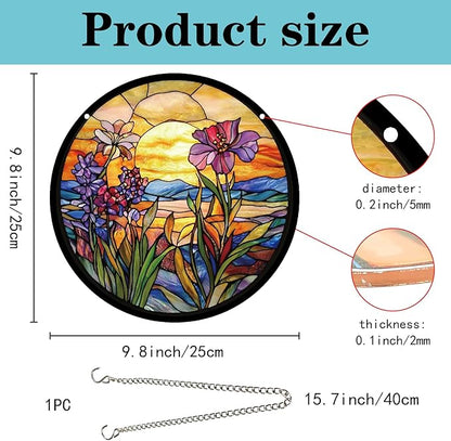 CREATCABIN Flower Window Suncatchers Acrylic Stain Glass Window Hanging 9.8 Inch Round Wildflowers Sun Catcher Panels with Metal Chain for Indoor Outdoor Home Garden Ornaments Christmas Decor