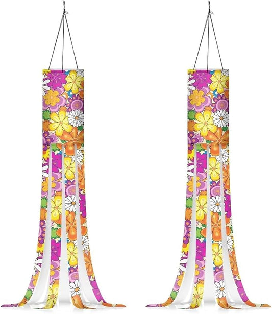 Colorful Hippie Flower Wind Sock with Tails, Lightweight Fabric Windsock Outdoor Hanging Decorations for Home Yard Yard Patio Lawn Garden, Red Christmas Decor