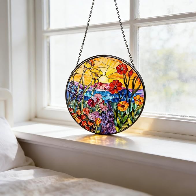 Stained Glass Sun Catcher,Wild FlowersStained Glass Window Hanging Garden Decor,Sun Catchers Indoor Window,Whimsical Decoration for Home Backyard Patio Lawn Porch with 6.3 INCH