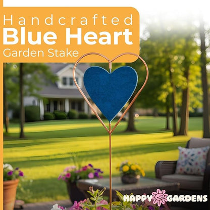 Happy Gardens Metal Garden Stake with Blue Heart Spinner (27” Tall - Glossy, Textured Finish) Decorative Large Outdoor Yard Art, and Outside Decor
