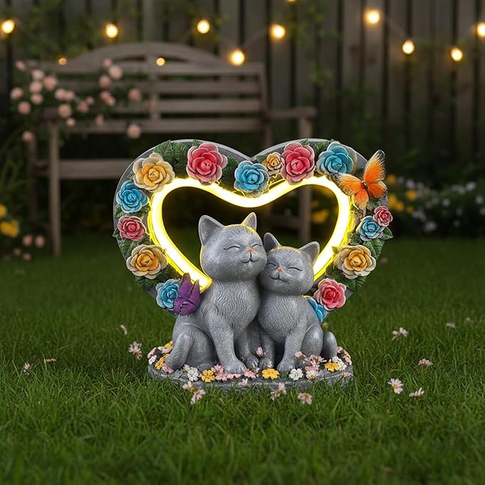 Gifts for People Who Love Cats, Cat Garden Decor with Heart-Shaped, Couple Cat Figurine for Valentines Day, Anniversary Housewarming Christmas Birthdays Gifts for Lover Wife Women Mom Friends