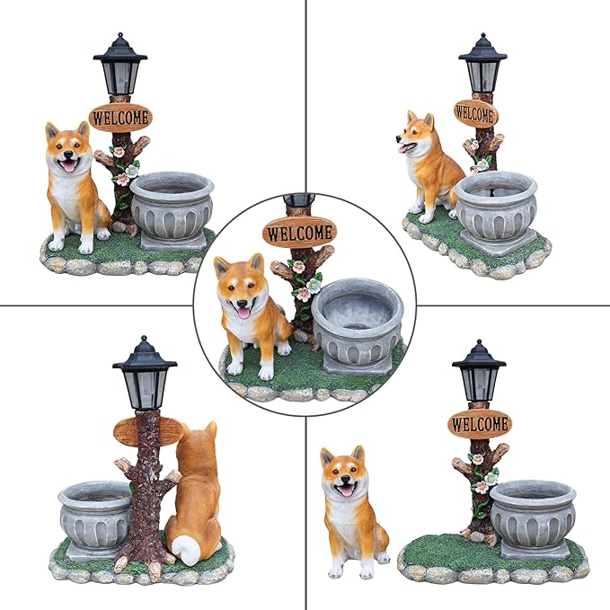 Solar Light Animal Outdoor Statue Planter with Welcome Sign, Resin Garden Sculpture Flower Pot for Patio Lawn Porch Yard Courtyard Decor, Weather-Resistant Decorative Figurine Accent (J)