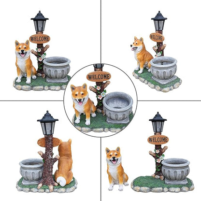 20" Solar Akita Garden Statue with Welcome Sign & Planter - Large Dog Sculpture with LED Street Lantern - Weatherproof Resin Decorative Flower Pot for Porch, Yard & Patio - Pet Lover Gift