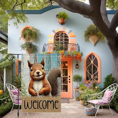 Spring Summer Garden Flag Welcome Garden Flags 12x18 inch Double Sided Small Burlap Squirrel Decor Yard Lawn Outdoor Home Decoratio