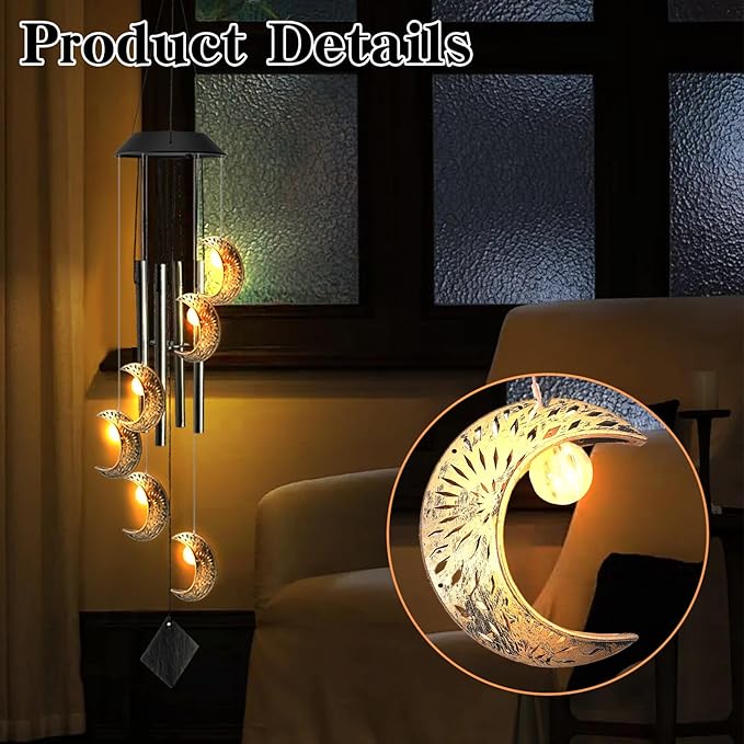 Solar Wind Chimes for Outside, Waterproof Hanging Moon Wind Chimes for Outside， Balcony Patio Garden Decoration, Gift for Loved Ones Friends and Neighbors(Moon)