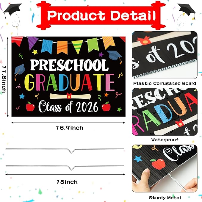 Preschool Grad Yard Sign Class of 2026 Kindergarten Graduate Lawn Sign with Stake School Congrats Graduation Decorations Colorful Graduation Party Favors Supplies Outdoor Photo Booth Props for Kids