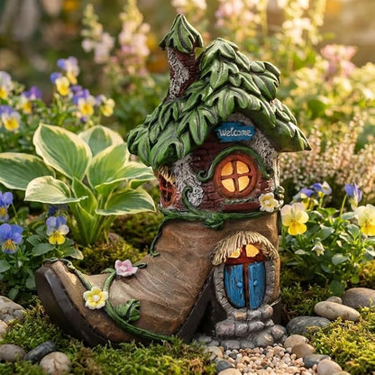 TERESA'S COLLECTIONS Boot Fairy House Garden Statues with Solar Outdoor Light for Garden Decor, Resin Fairy Garden Accessories Outdoor, Home Decorations Lawn Ornaments Yard Decor Gifts for Mom, 6"