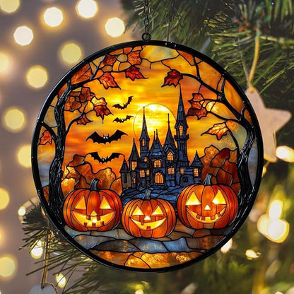 Gothic Halloween Castle Acrylic Suncatcher Stained Glass Effect Window Car Hanging Christmas Ornament Indoor Outdoor Decor Garden Sun Catcher Panel for Halloween Lover for Women Mom Grandma