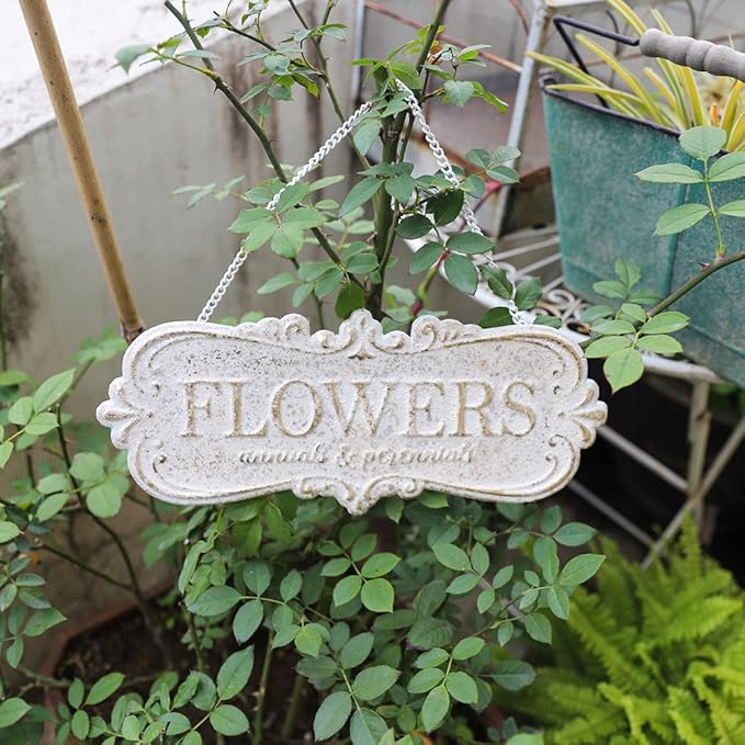 Chic Metal Garden Sign - Hanging Flower Sign Yard Decor - Rustic Farmhouse Backyard Outdoor Wall Decor