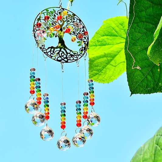 Hanging Crystal Suncatcher Rainbow Window Prism Chakra Tree of Life 7 Prism Ball Suncatcher Rainbow Maker Handmade Glass-gem Binding Gifts for Girl, Mom and Daughters, Grandma by KEINIA