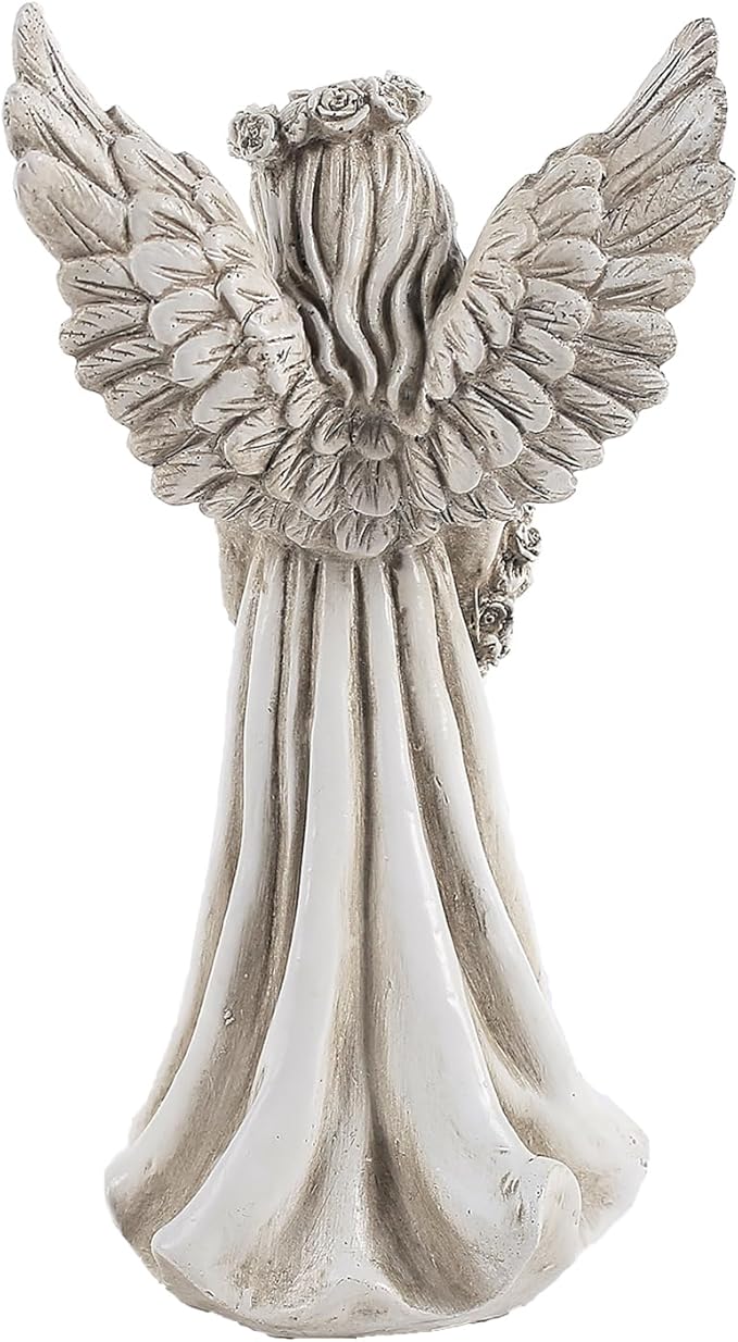Angel Garden Statue Holding a Floral Wreath, Memorial Figurine for Patio, Lawn, Yard, Sympathy Gift Cemetery Grave, Ployresin 11.8 inch
