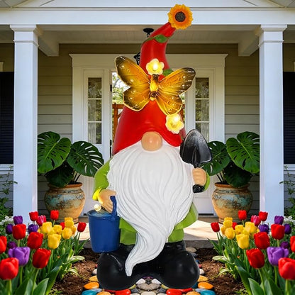 Spring Gnomes Garden Statues Decor, Solar Waterproof Large Gnome with LED Lights Funny Garden Sculptures Outdoor Patio Yard Decorations Lawn Ornaments Gifts for Women Mom