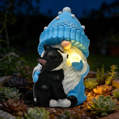 GIGALUMI Solar Garden Statue, Gnome with Dog Outdoor Decor, Gnomes Decoration Gifts with LED for Patio Yard Lawn Balcony, Christmas/Birthday Gift for Mom Women
