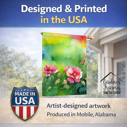 Caroline's Treasures Iowa Wild Prairie Roses in Watercolor House Flag Large Porch Sleeve Pole Decorative Outside Yard Banner Artwork Wall Hanging, Polyester, House Size, Multicolor