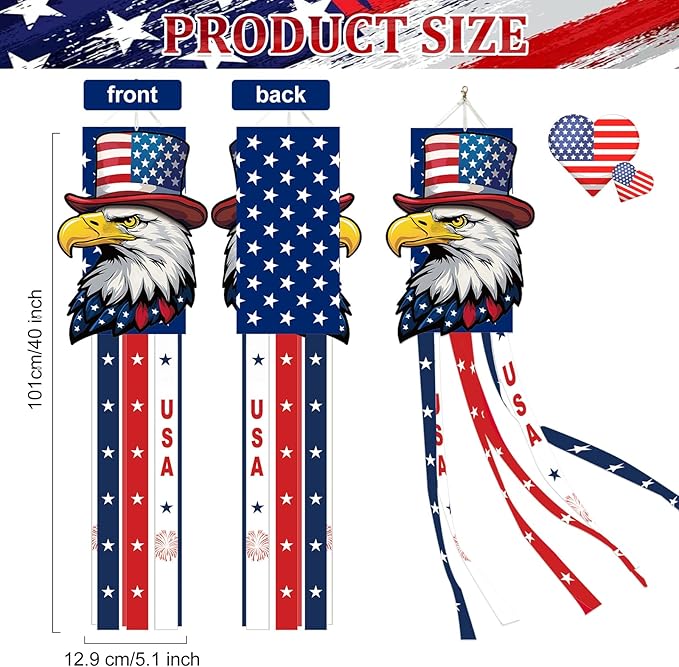 40 Inches USA Eagle Windsock Decoration, Patriotic Eagle Head Themed Hanging Outdoor Wind Sock Ornament with Red, White, Blue Streamers, 'USA' Lettering, and Stars for 4th of July, Memorial Day Decor
