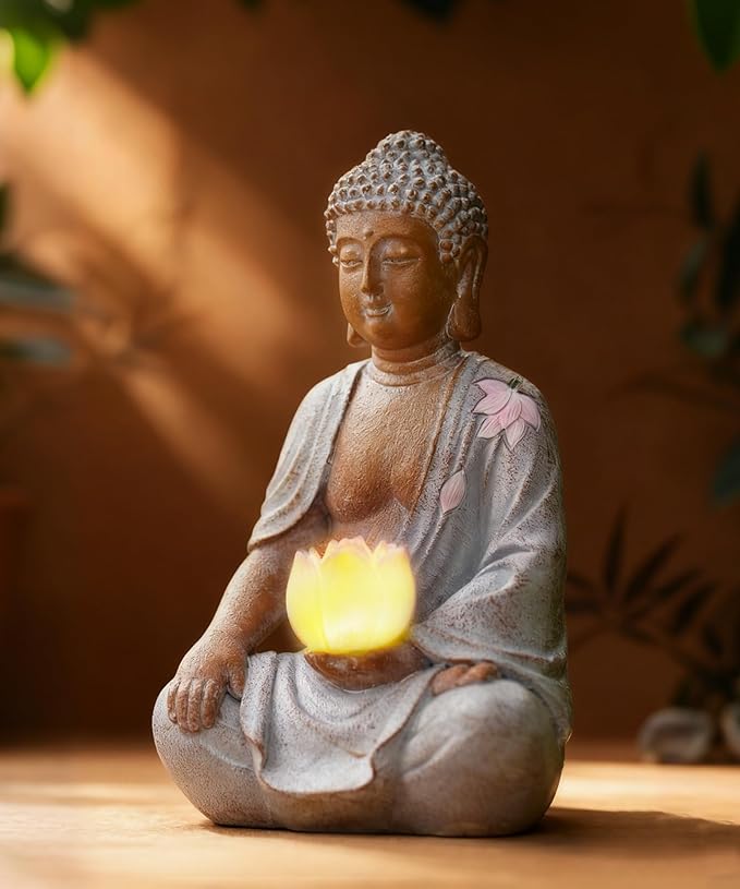 Nacome Solar Buddha Garden Statue Decor: Resin Zen Decor Waterproof Sitting Figurine with Lotus Flower Light Design for Outside Patio Lawn Yard Balcony - 8.3 inches(White)